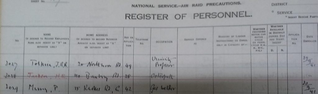 A register of personnel showing that J R R Tolkien was an Aid Raid Precaution warden during the Second World War