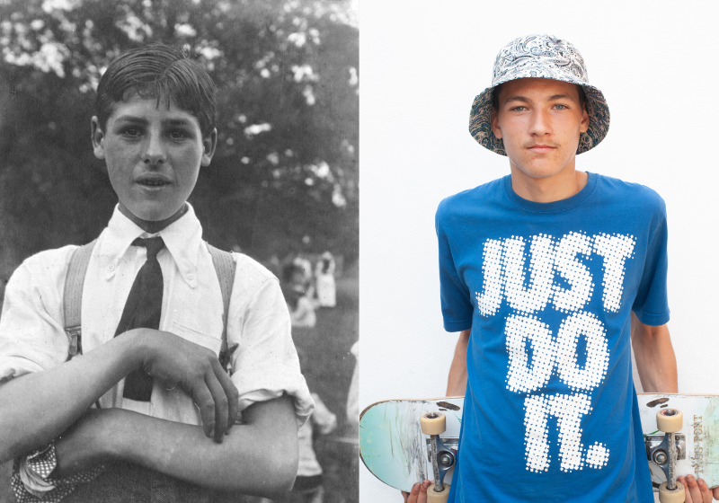 Poster composed of a black & white image and colour image of two young men side by side, The black and white image on the left shows a young man with his arms crossed, and the other showing a young man wearing a hat and a Nike t-shirt.