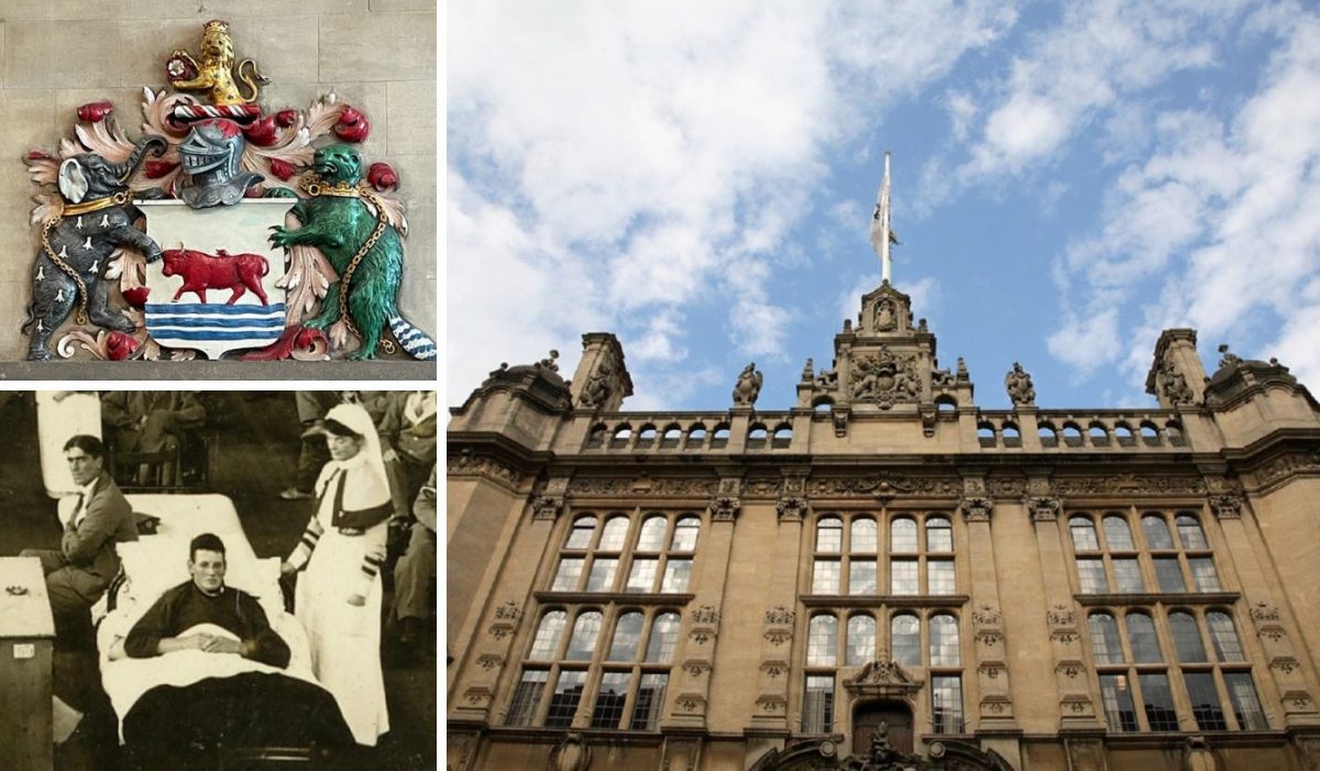 Collage of images including the Oxford city crest, a black and white photo of a WW1 solder in a hospital bed and the grand-looking exterior of the Oxford Town Hall