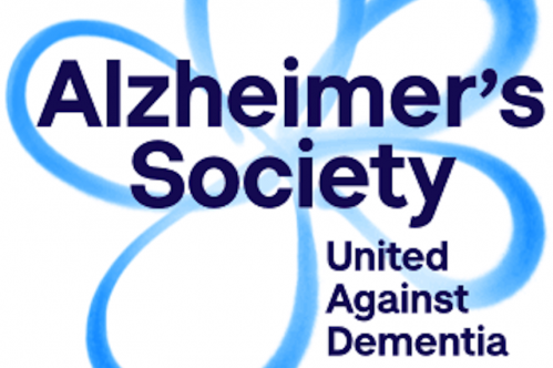 A logo for the Alzheimer's Society in dark blue text in front of a light blue, 5-petal-flower shaped image. In the bottom right hand corner are the words 'United Against Dementia'.