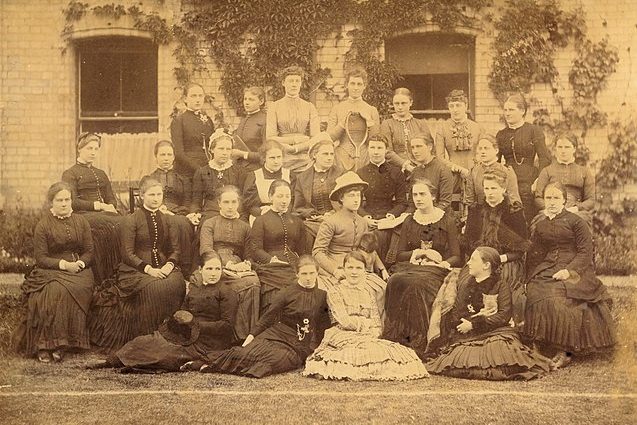 Sepia coloured photograph of women scholars at LMH