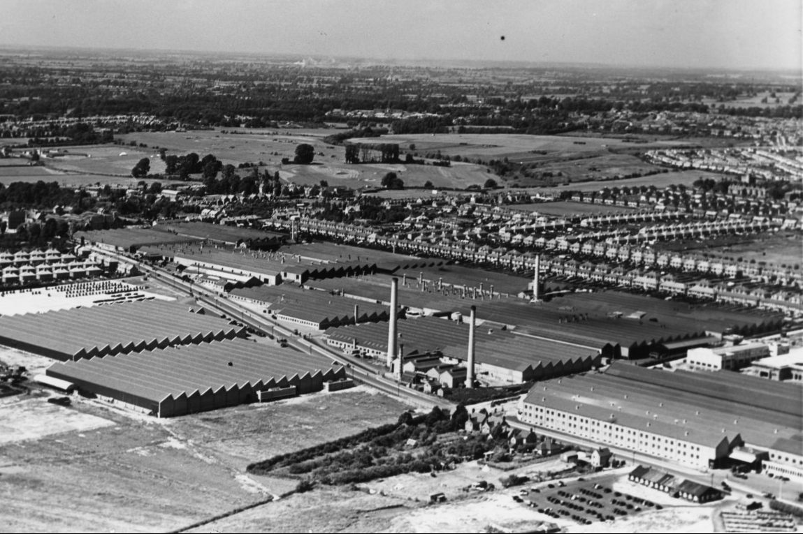 Black and white aerial view of motor works
