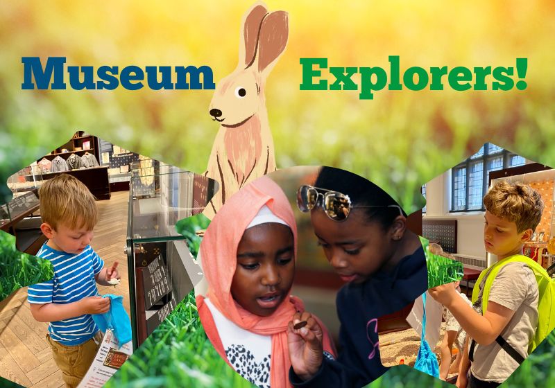 Text: Museum Explorers, set over a background of grass and sun and an image of a yellow hare. Four children examine the contents of the backpacks.