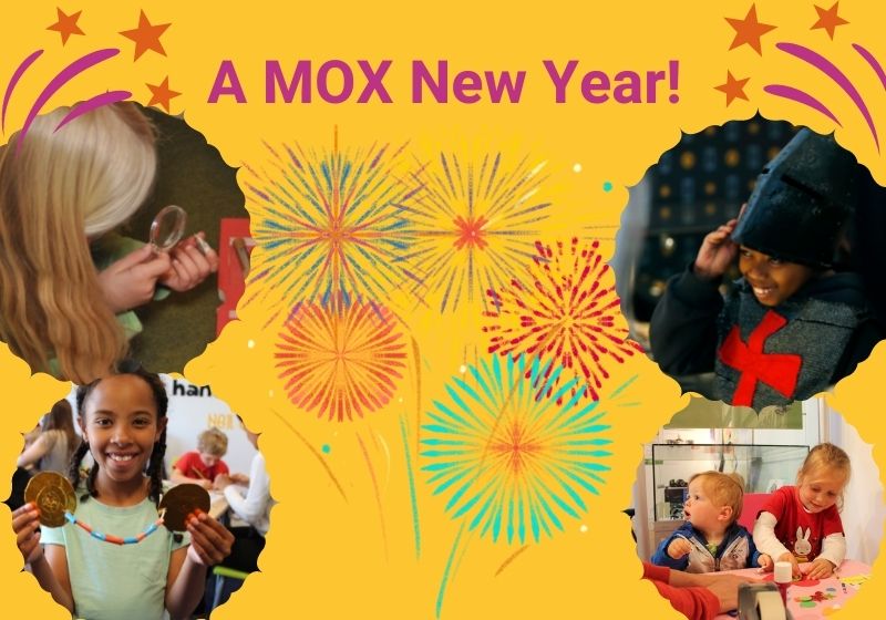 Text: A MOX New Year. Graphics of fireworks over a yellow background with images of children bubbles either side