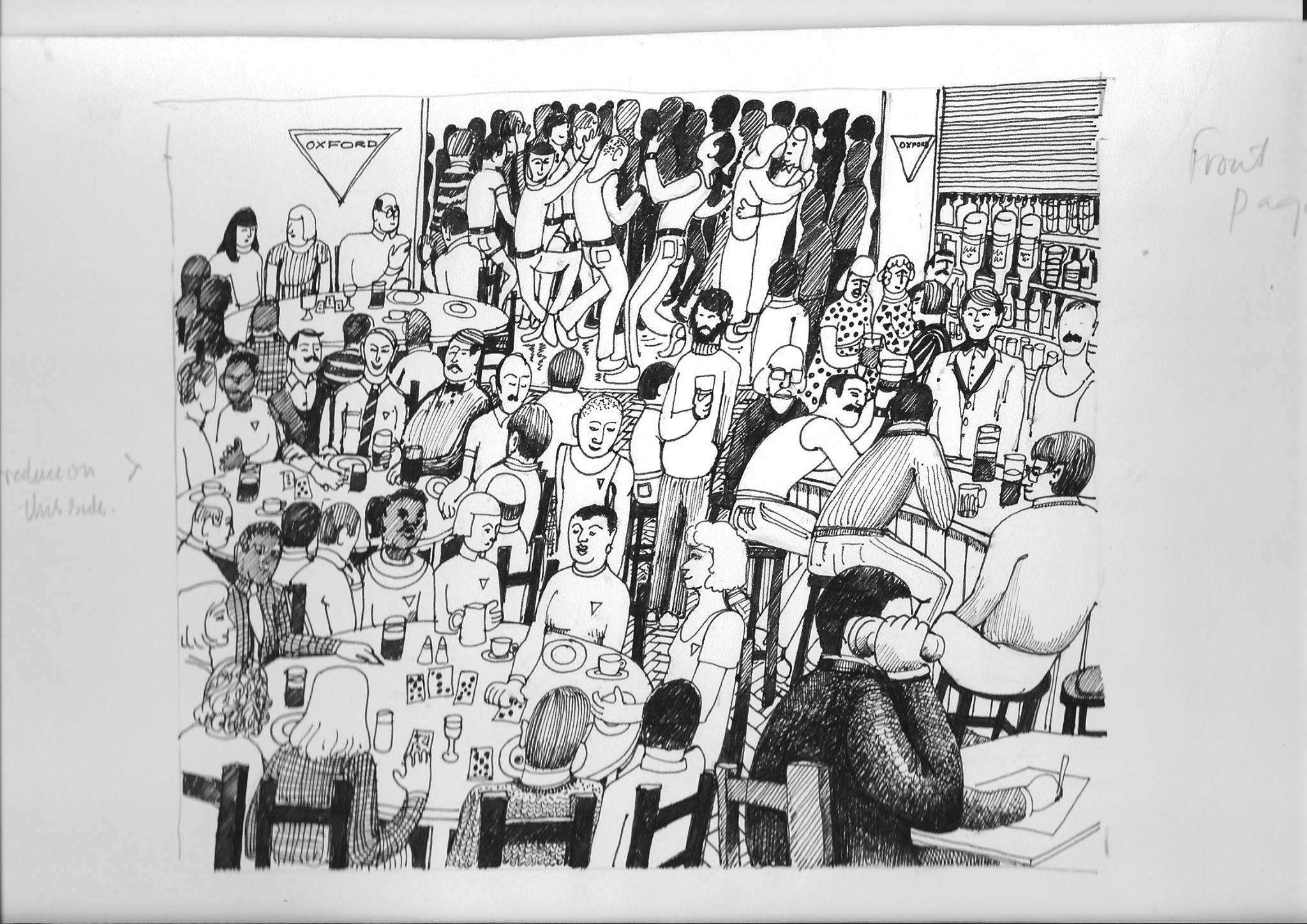 Archival black & white drawing showing a gathering of people at the Lesbian & Gay Community Centre (no longer in existence)