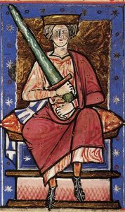 a painting of a medieval king seated on his throne holding a sword