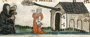 medieval drawing depicting an alewife outside her house serving a male customer