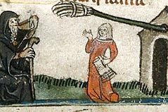 medieval drawing depicting an alewife outside her house serving a male customer