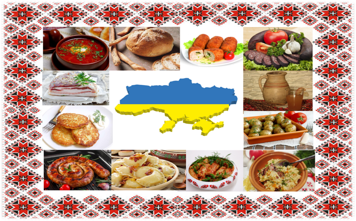 Graphic showing the outline of Ukraine coloured in blue and yellow, surrounded by photos of Ukrainian dishes and a border with a traditional Ukrainian embroidery.