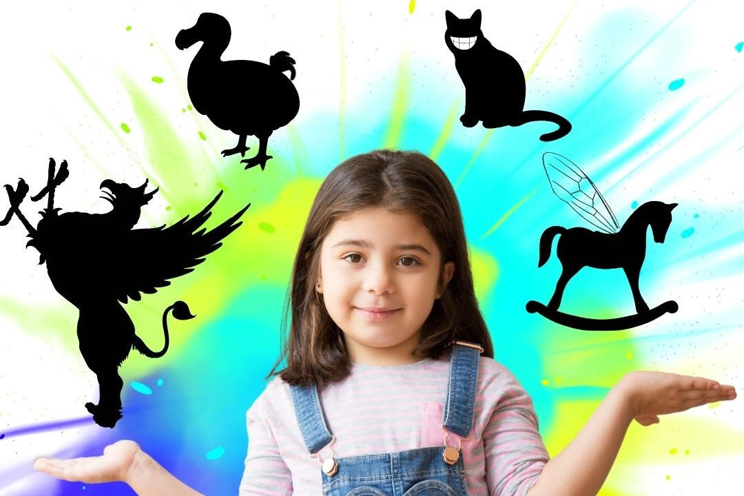 A small girl holds out her hands in a shrugging motion, in front of a backdrop of blue, green and yellow colour explosions. Above her are the silhouettes of a gryphon, a dodo, a Cheshire Cat and a Rockinghorse Fly