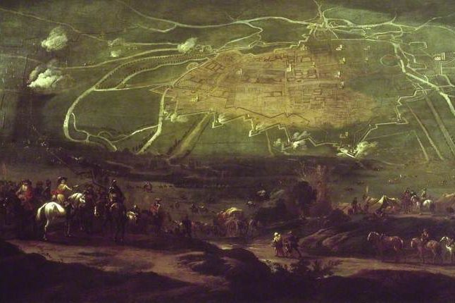 Painting of Oxford during the English Civil War under attack from an army of Parliamentarians.