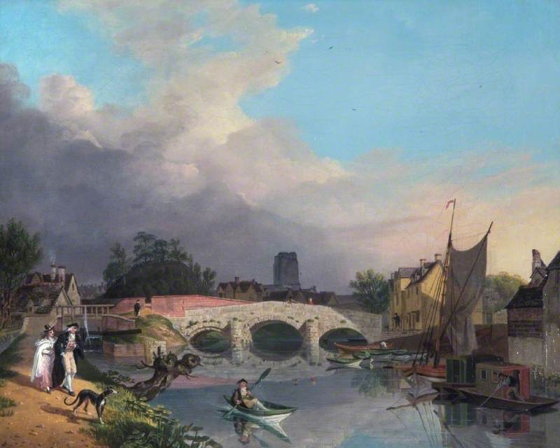 Painting of bridge, boats, canal, people and tower