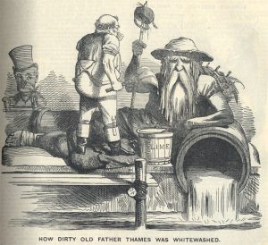 Victorian cartoon showing Old Father Thames being cleaned up by two workmen