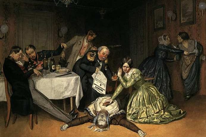 19th century painting showing group of people gathered around dead person