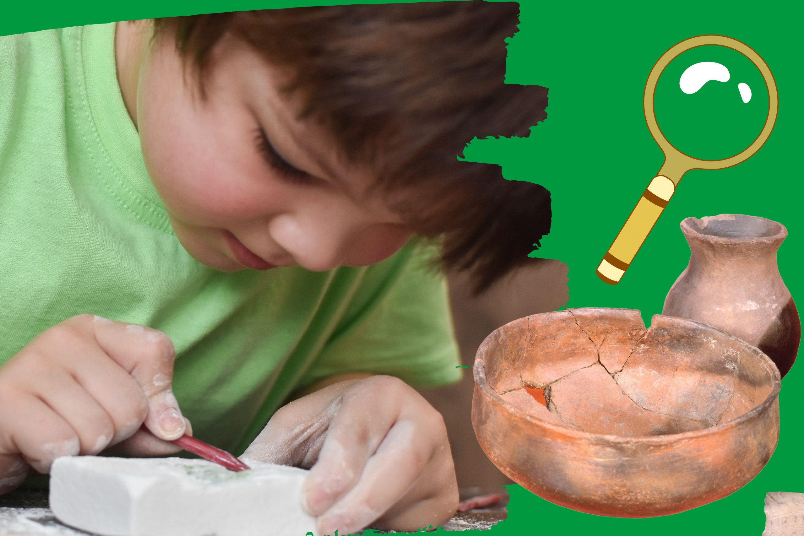 Green background. Close up image of a small boy chipping away at an archaeology block. Old pots and a cartoon magnifying glass in the foreground.
