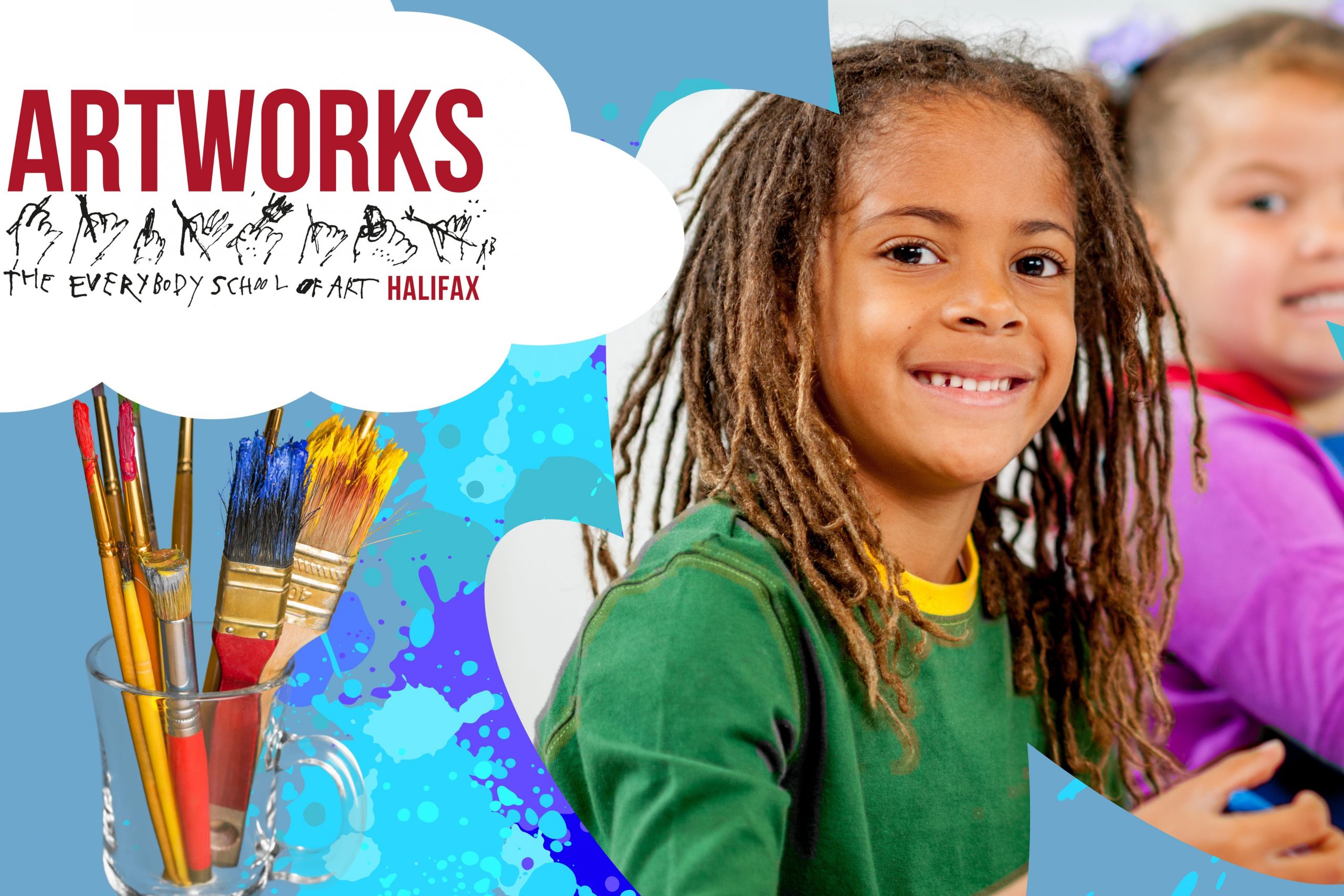 A small boy smiles from a paint-splattered background. A set of paintbrushes are to his left. The logo for Artworks is in the upper left hand corner.