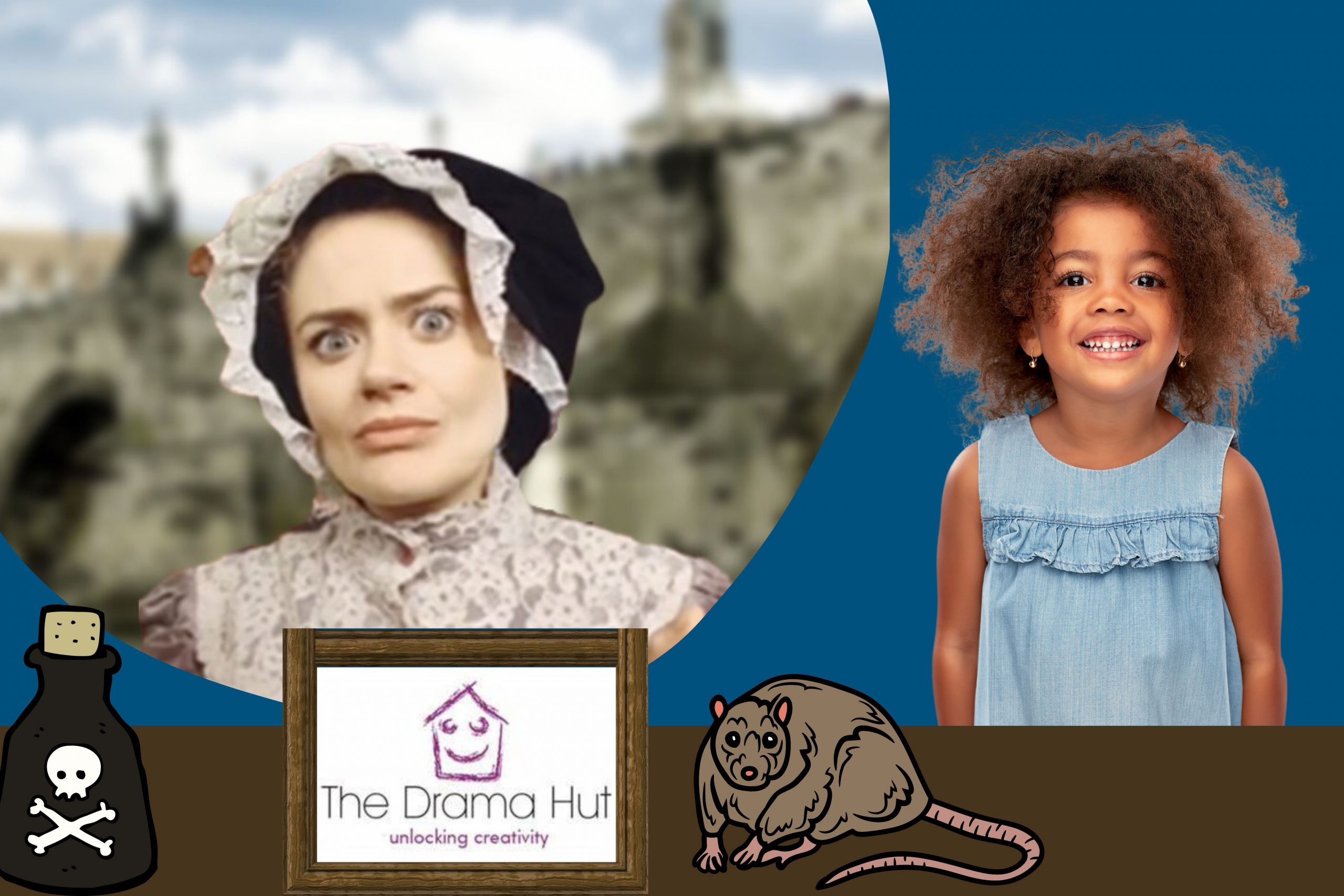 A stern Victorian Matron glares out of a bubble over a blue background. In the foreground, a small smiling girl, a cartoon rat and poison bottle and a framed image of The Drama Hut's logo.