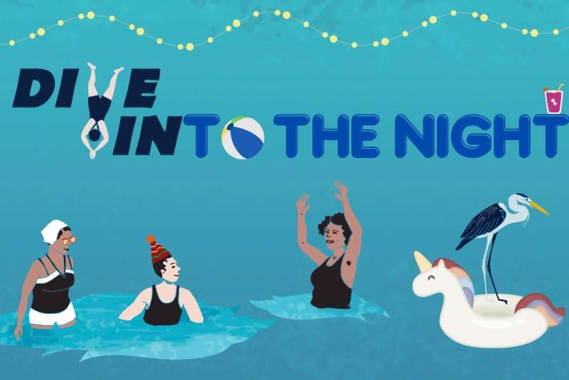 Blue background with the words 'Dive Into the Night'. Cartoon figures wearing sunglasses and party hats are bathing in the water and there is a heron on an inflatable unicorn.