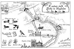 A black and white drawing of an area of Oxford with a river, various buildings and flora and fauna that you might see in the area.