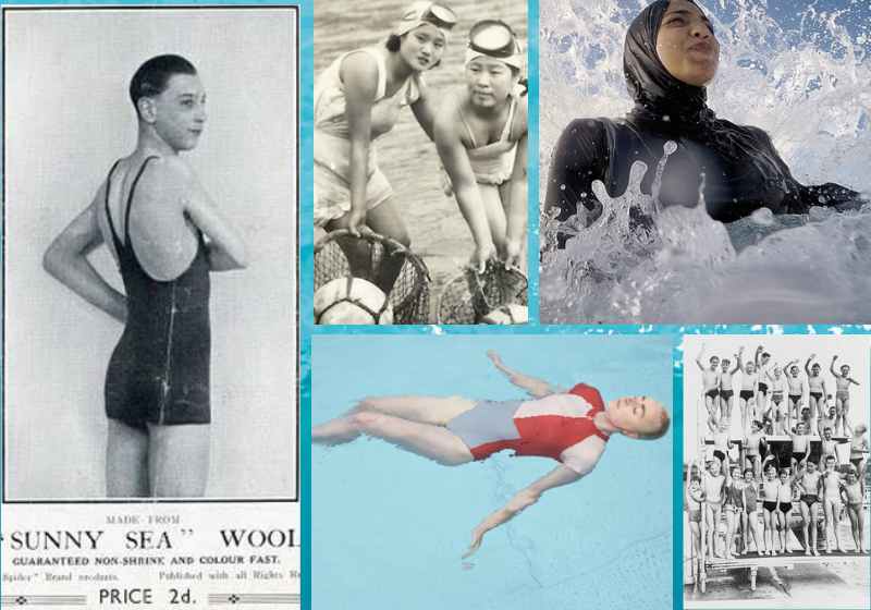 Collage of swimmers from different places and time periods. Swimwear includes old fashioned goggles, a burkini, different one-pieces and swim shorts.