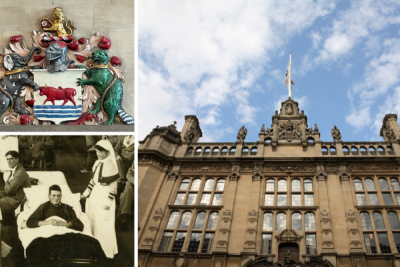 collage of three photos, photo one is the City Crest, photo 2 is the outside of Oxford Town Hall and photo three is a black and white photo of soldiers and nurses in the Town Hall.