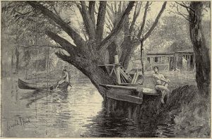 black and white drawing on a man on a rowing boat on the river watched by a man on the river bank sitting under a large tree