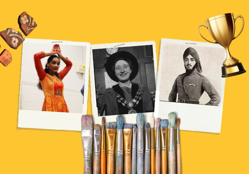 Collage of a woman in an orange lengha dress, dancing, a black and white photo of Olive Gibbs and a photograph of Hardit Singh Malik. The background is mustard yellow with a trophy, paint brushes and tiles superimposed on the image.