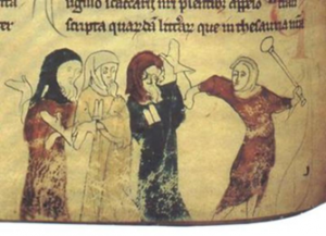 Drawing of 4 people in medieval clothing 3 cowering from one who has his arm raised 