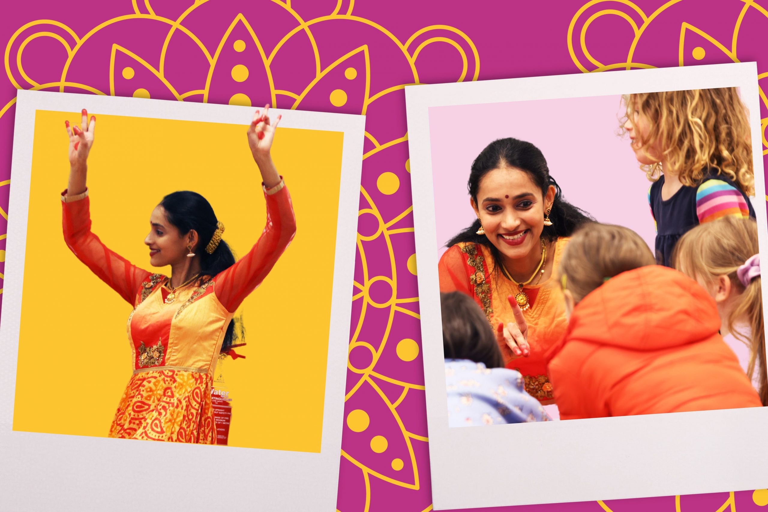 Two polaroid images of a woman in an orange lengha dress, dancing in the first image and crouched down with a group of children in the second image. The background is bright pink with yellow rangoli patterns superimposed over it.