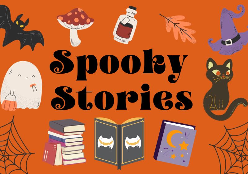 Orange background with black text in the centre reading 'Spooky Stories' in a curly font. Around the text are cute cartoon drawings of Halloween items: clockwise from the top - potion bottle; orange leaf; witch's hat; black cat; book with stars on the cover; book with vampire bat on the cover; stack of books, ghost carrying a trick-or-treating bag; bat; red spotted mushroom.