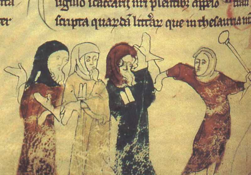 A drawing from a medieval manuscript illustrating the expulsion of the Jews. Three people in coloured robes cower from an attack by a person in a red robe wielding a baton.