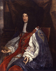 A painting of a seated man with a black shoulder length curly wig and elaborate clothing of a white shirt and red and purple robes.