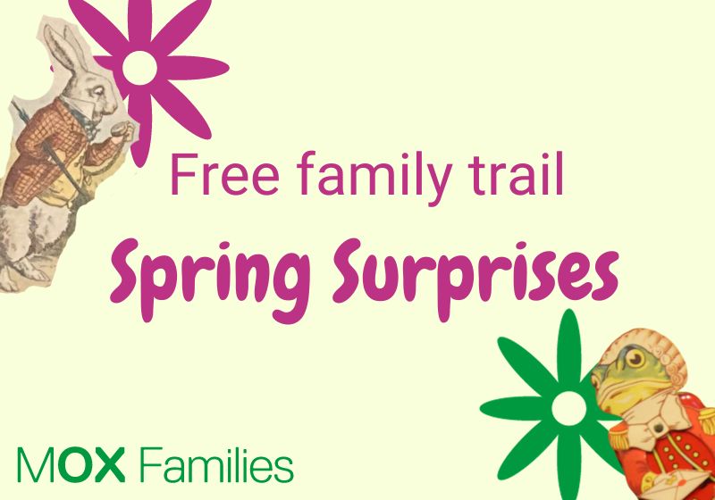 Text reads: Free family trail Spring Surprises with a white rabbit and a frog, with flower patterns.
