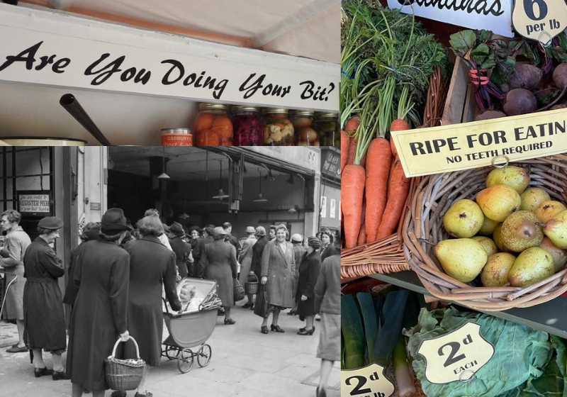 Collage of three images: (l-r) a shop sign that reads 'are you doing your bit?'; a black and white photograph of a crowd of women pushing prams and holding shopping baskets outside a market; a colour photograph of a shop display of fresh produce, with a basket of pears that are advertised as 'ripe for eating'.