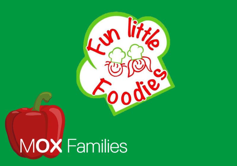 Green background with the logo of Fun Little Foodies, which is a chef's hat with two smiling faces inside. The MOX families logo is in the corner in front of a red pepper.