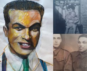 A trio of pictures; to the left a painting of a man in a white shirt and green tie to the right top a black and white photo of a man, woman and a child and bottom right a black and white photo of two WWII soldiers