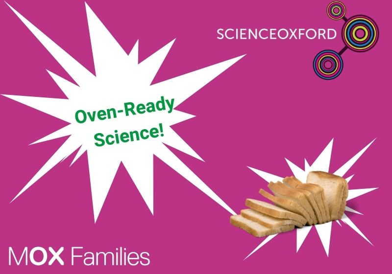 Pink background with star shapes, green text reads: 'Oven-Ready Science'. Loaf of bread on star shape. Science Oxford and MOX Families logos are in opposite corners.