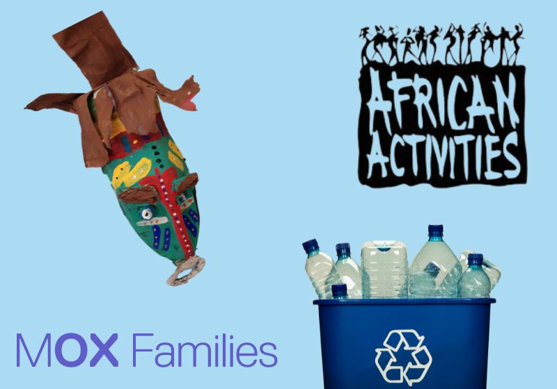 Fantastic mask made from recycled materials and box full on plastic bottles on a blue background. MOX families logo in blue in one corner and African Activities logo in black in the opposite corner.