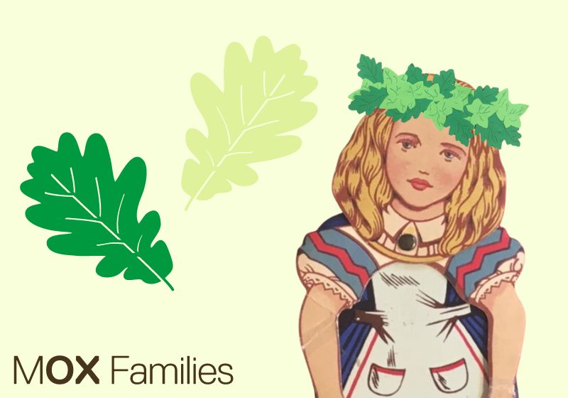 Alice wears a leaft garland on her head, on a pale yellow background. Alice is the main character in Alice in Wonderland. There are two oak leaves next to Alice, in light and dark green colours.