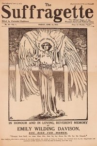 The front page of The Suffragette newspaper of 13th June 1913, which depicts Emily Davison as an angel. 