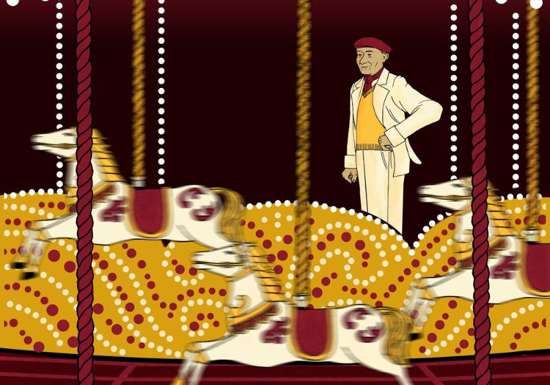 Illustration of a smartly-dressed man in a red cap, white blazer and trousers, overseeing a colourful carousel. Carousel horses whizz past in the foreground.
