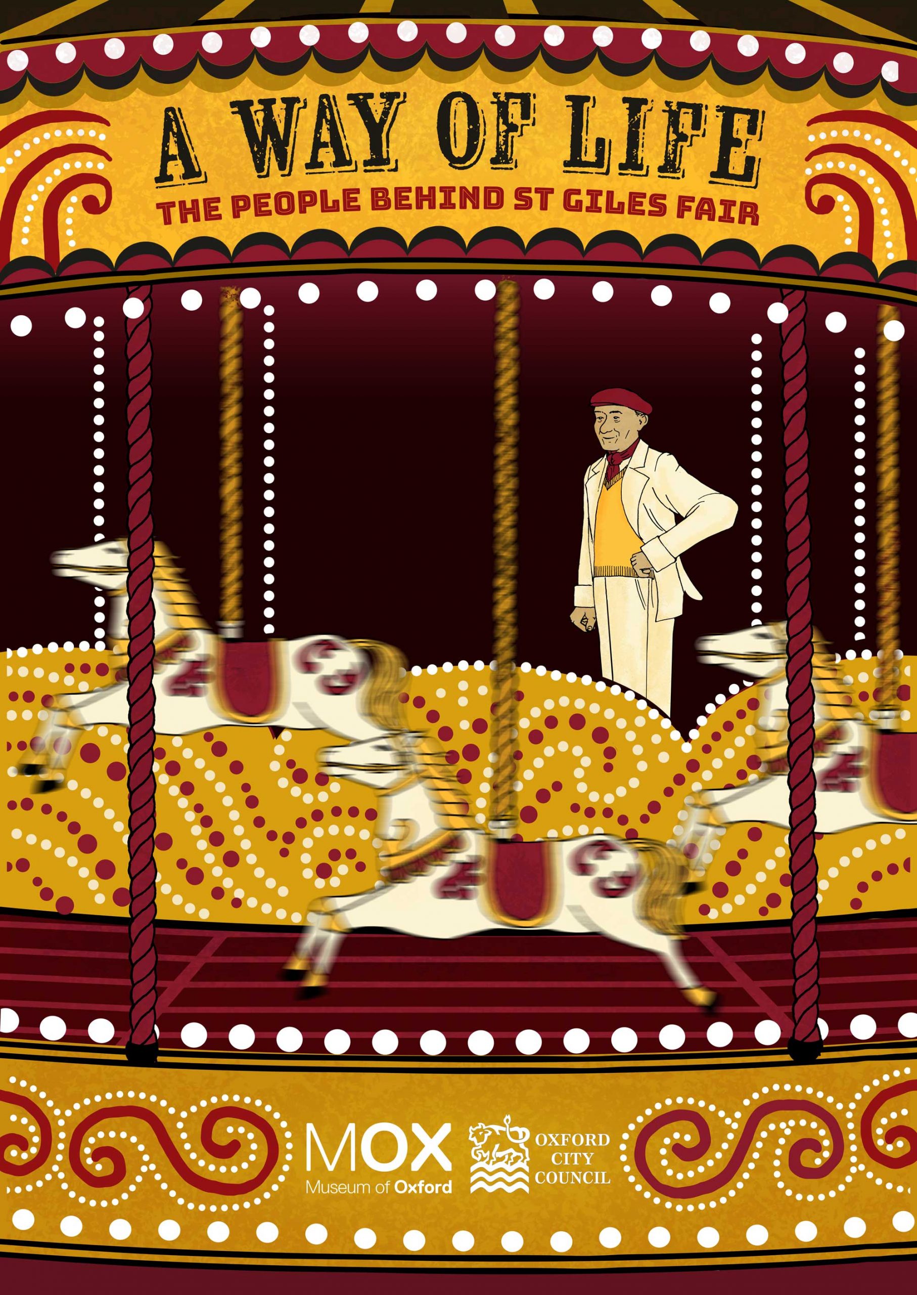 Exhibition poster with a graphic showing a blurred image of a horse on a merry-go-round, and a focused figure of the ride operator, dressed in smart clothing.
